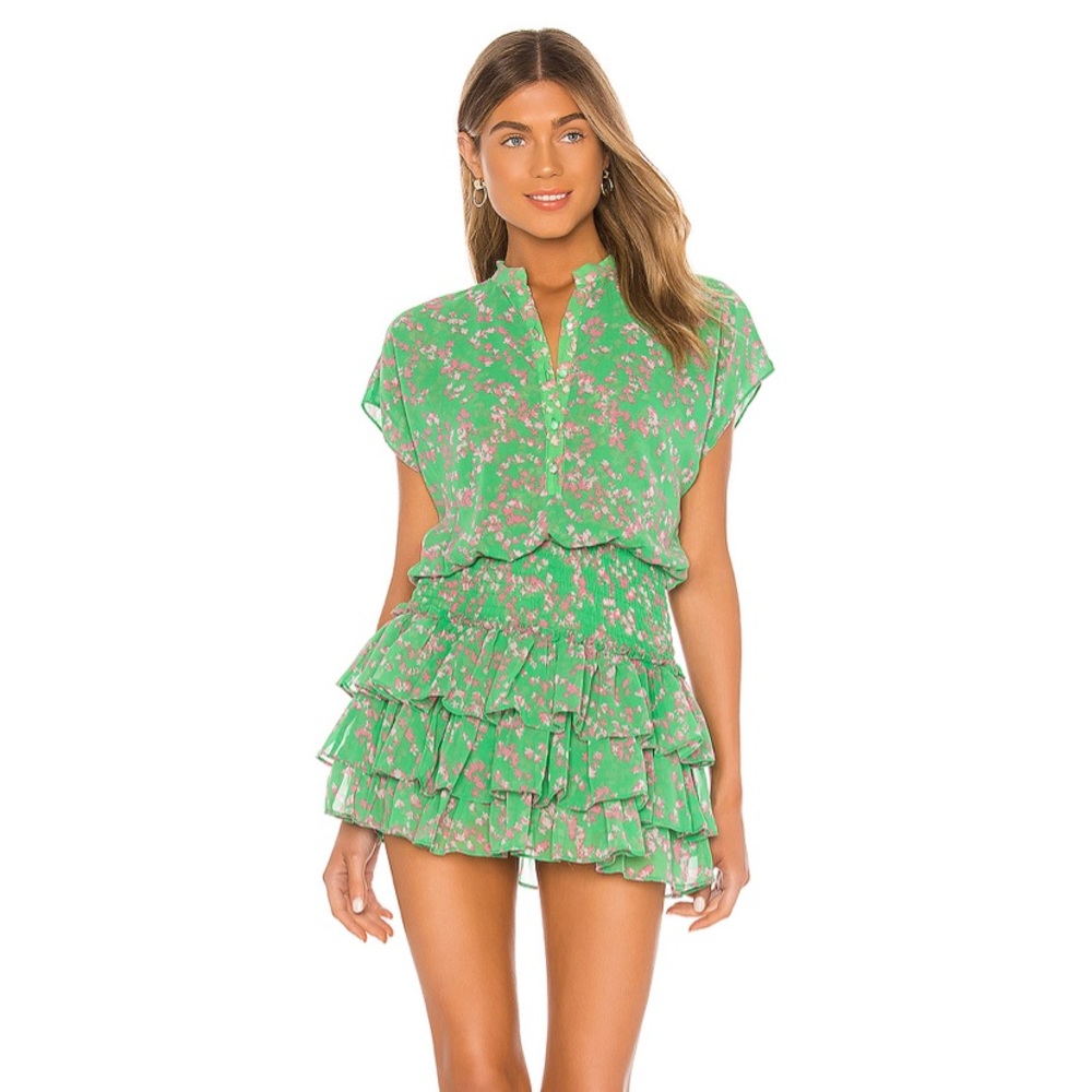 Misa Los Angeles Green Pink Floral Ruffle Mini Dress